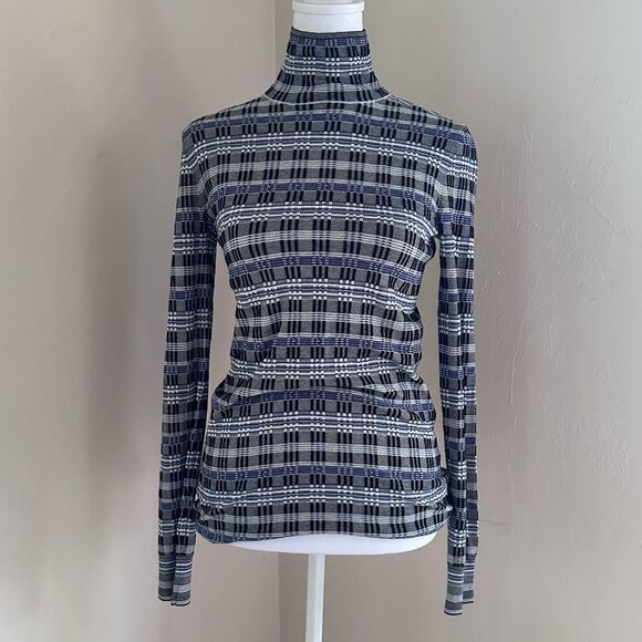 Theory Prosecco Stretch Knit Turtleneck Long-Sleeve Plaid Check Top Blue Black S - Picture 2 of 7
